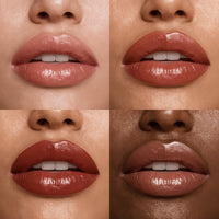 Four different shades of lipstick applied to lips with varying skin tones.