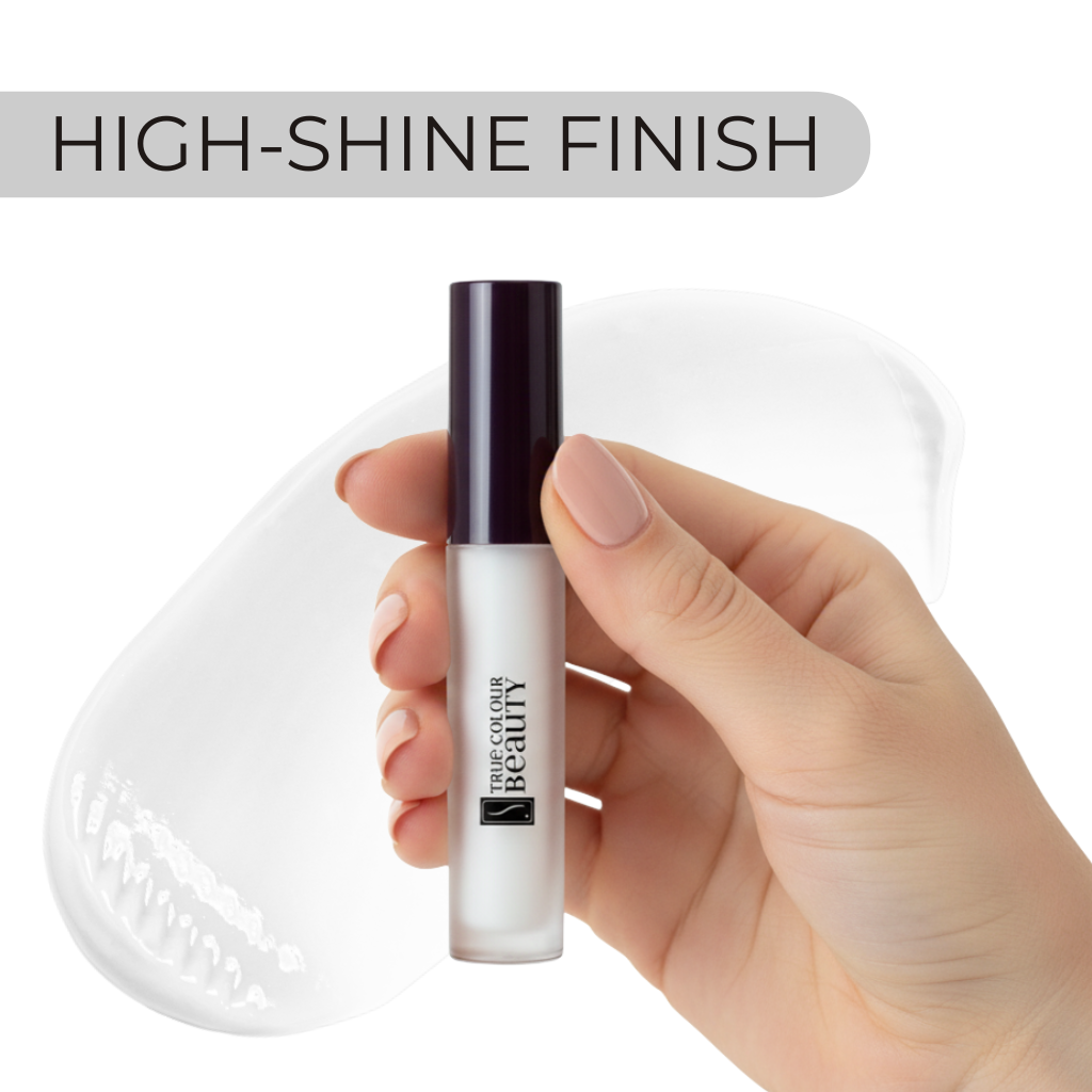 Hand holding a cosmetic product with 'High-Shine Finish' text above