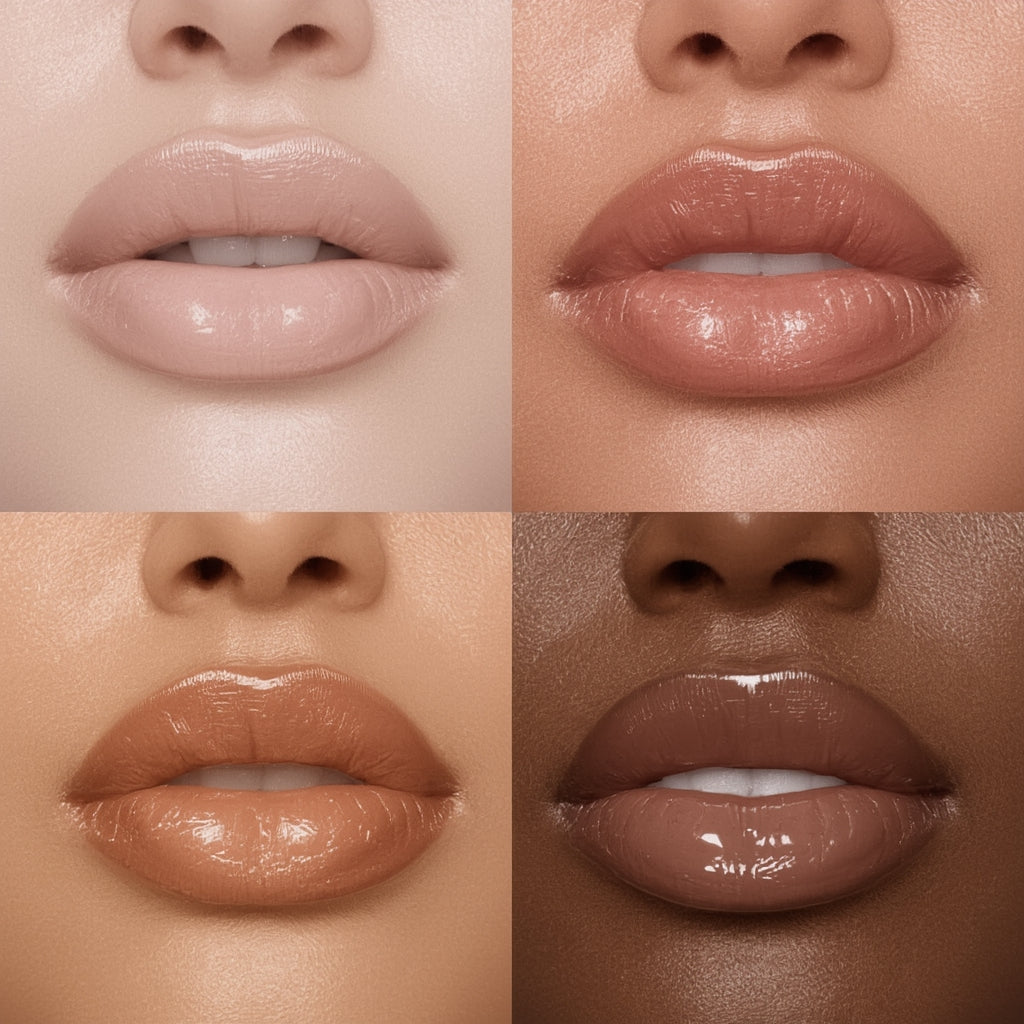 Four close-up images of lips with different skin tones and lip colors.