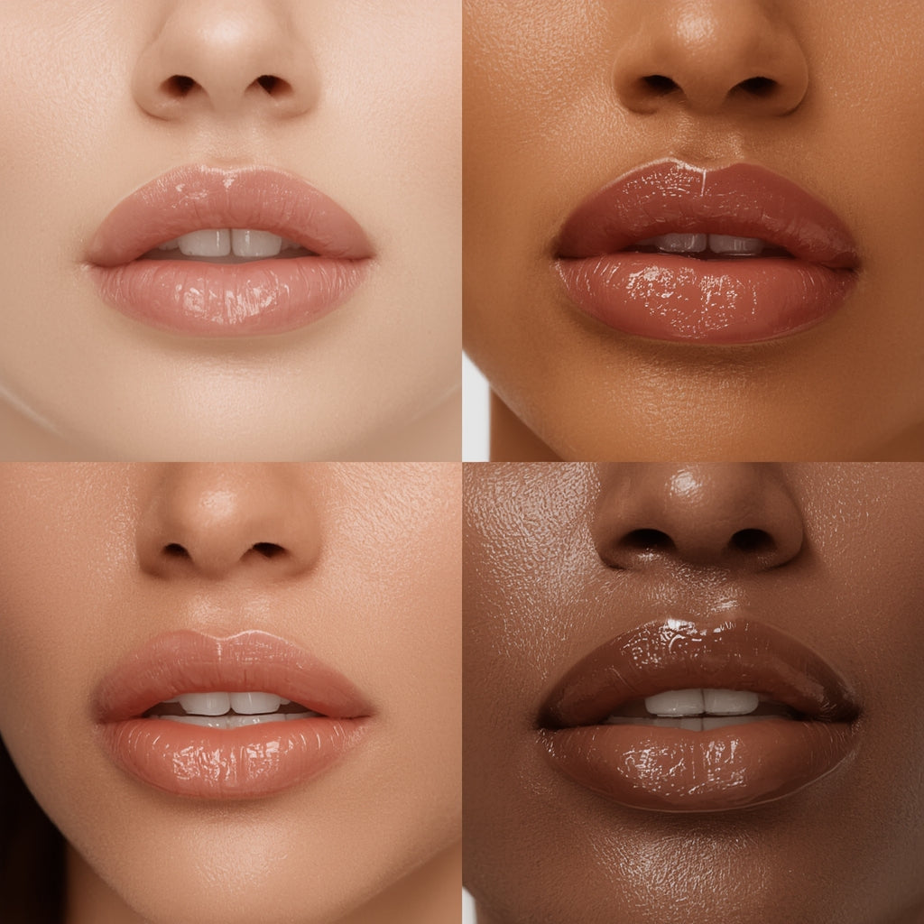 Close-up of four different lip shades on a neutral background
