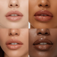 Close-up of four different lip shades on a neutral background