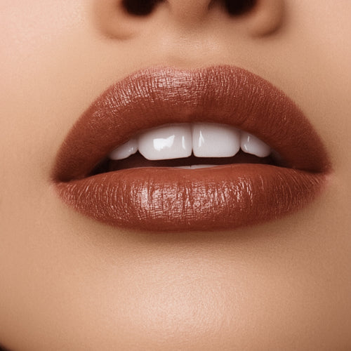 Close-up of a person's lips with a brown lipstick