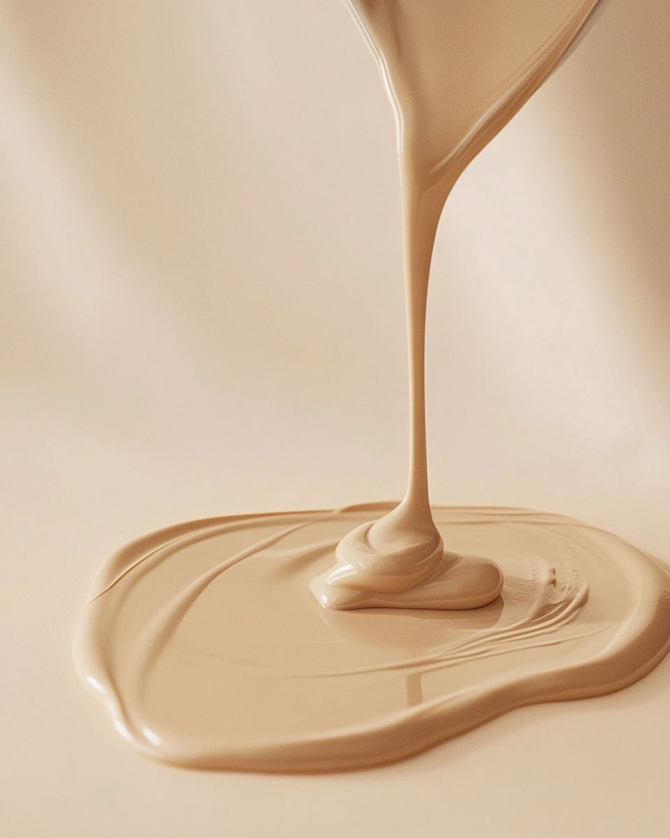 Liquid foundation being poured onto a beige surface