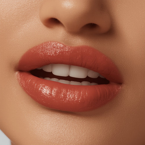 Close-up of a person's lips with a glossy red lipstick on a neutral background