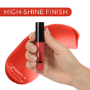 Hand holding a lip gloss with a red background and 'High-Shine Finish' text.