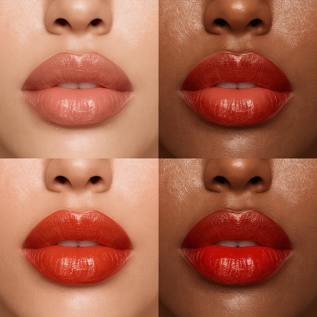 Four close-up images of lips in different shades of red on a neutral background.