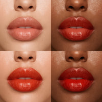 Four close-up images of lips in different shades of red on a neutral background.