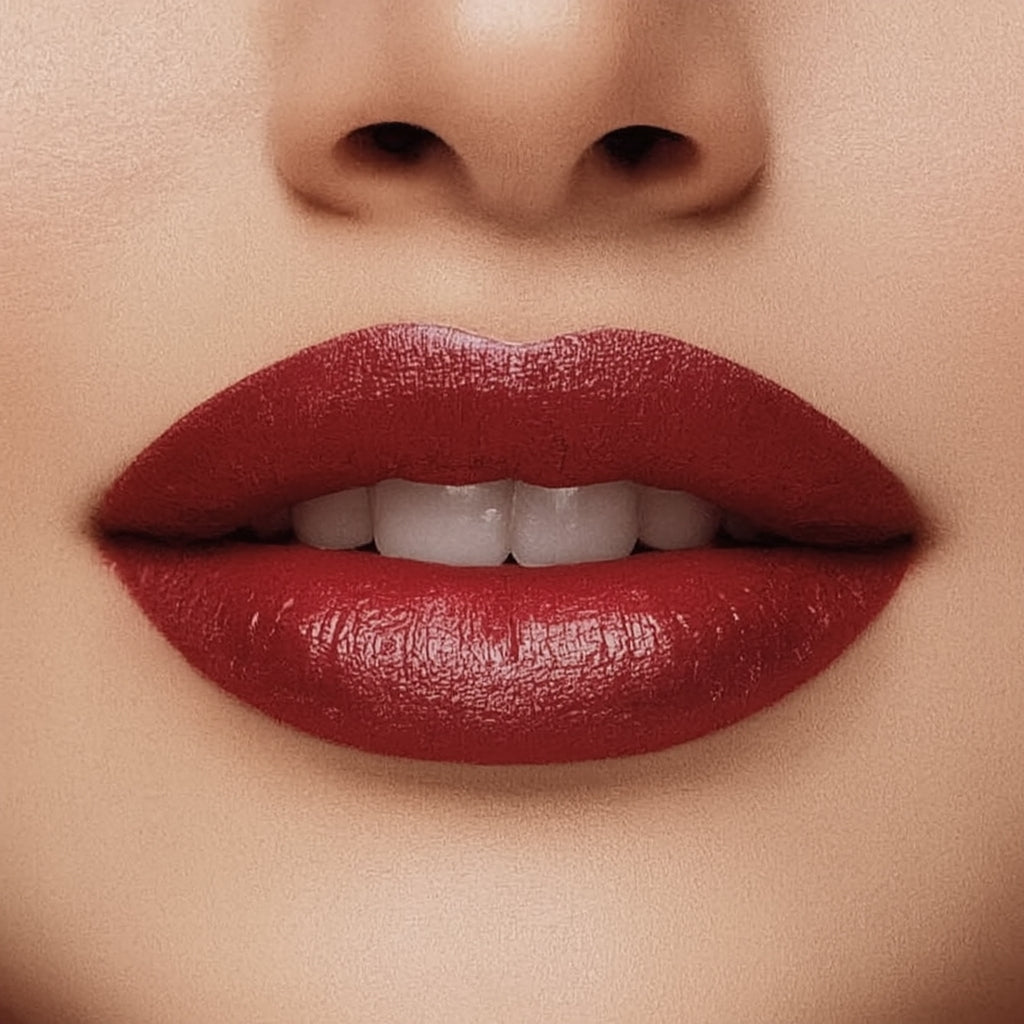 Close-up of a woman's lips with red lipstick on a beige background