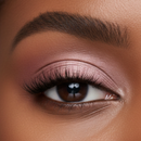 Close-up of a woman's eye with bronze eyeshadow and long eyelashes.