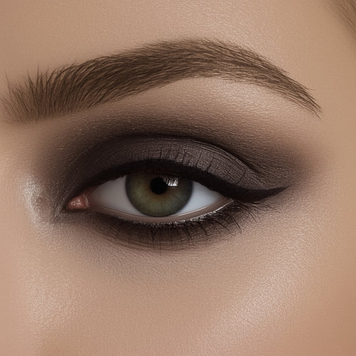 Close-up of a woman's eye with smoky eye makeup on a beige background
