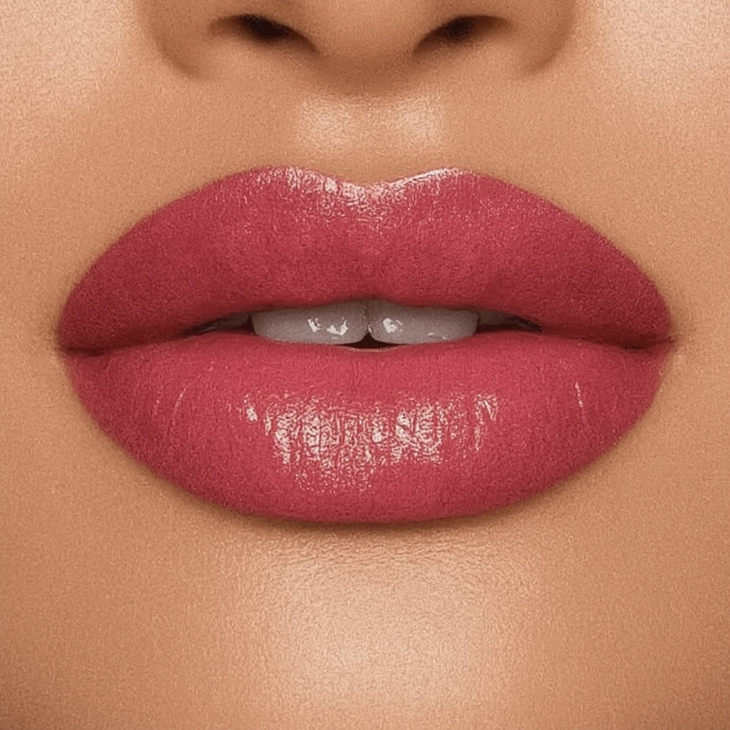 Close-up of a person's lips wearing a glossy pink lipstick.