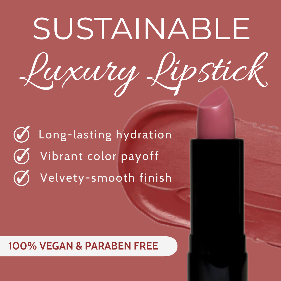 Sustainable luxury lipstick with product and features on a red background