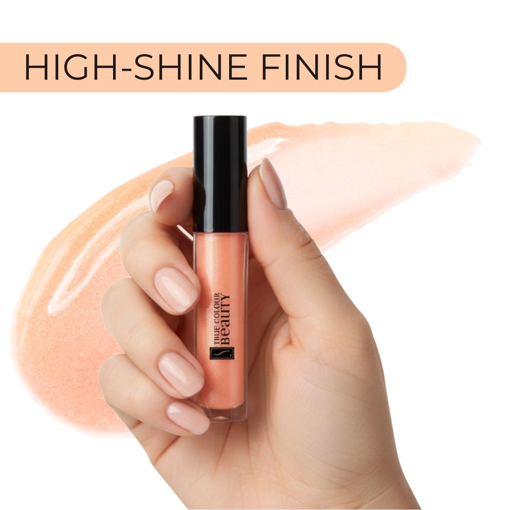 Hand holding a lip gloss with 'High-Shine Finish' text above