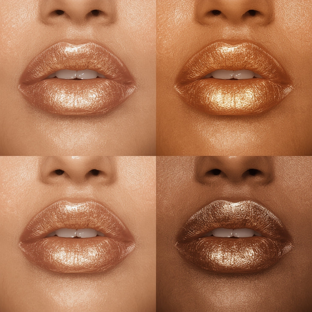 Close-up of lips with a bronze lip gloss on different skin tones.