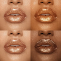 Close-up of lips with a bronze lip gloss on different skin tones.