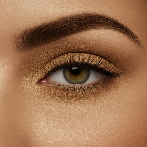 Close-up of a woman's eye with bronze eyeshadow and eyeliner.