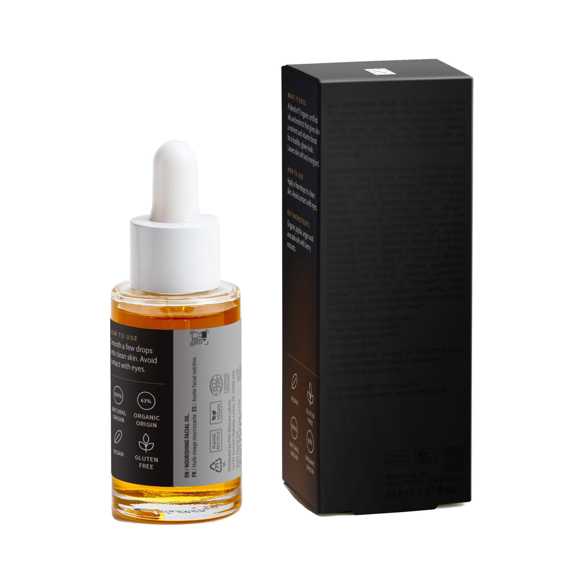Nourishing Facial Oil, bottle and box, back view with ingredients and directions