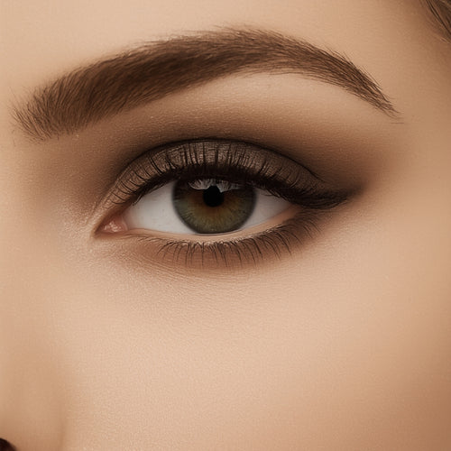 Close-up of a brown eye with makeup on a beige background