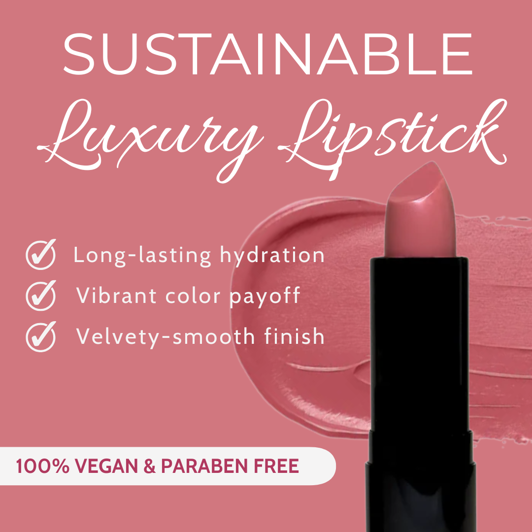 Lipstick with 'Sustainable Luxury Lipstick' text on a pink background