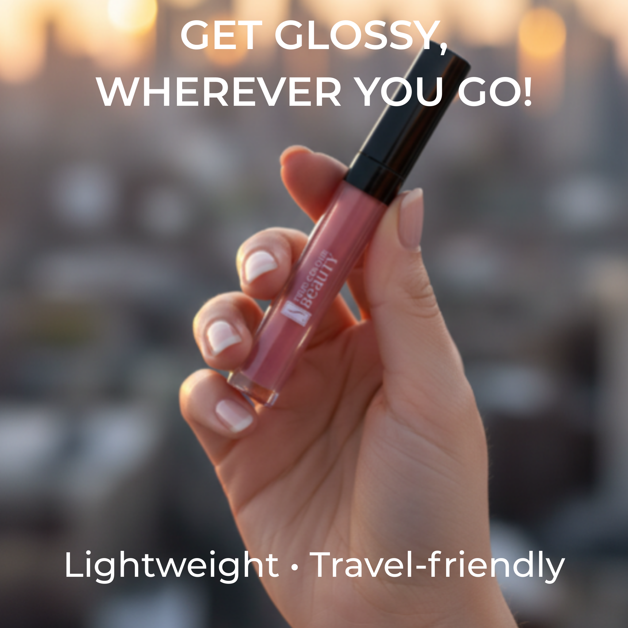 Hand holding a lip gloss with text 'Get Glossy, Wherever You Go!' and 'Lightweight • Travel-friendly' against a blurred background.