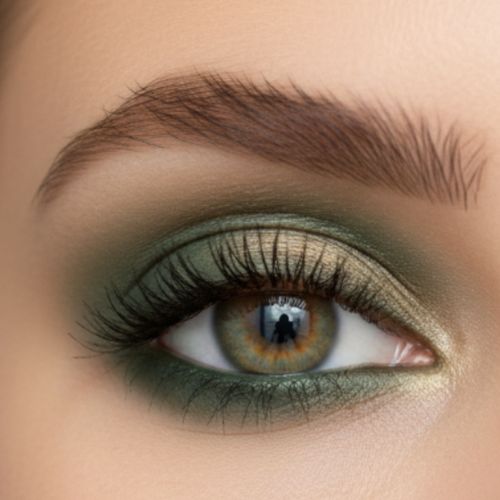 Close-up of a person's eye with green and brown makeup