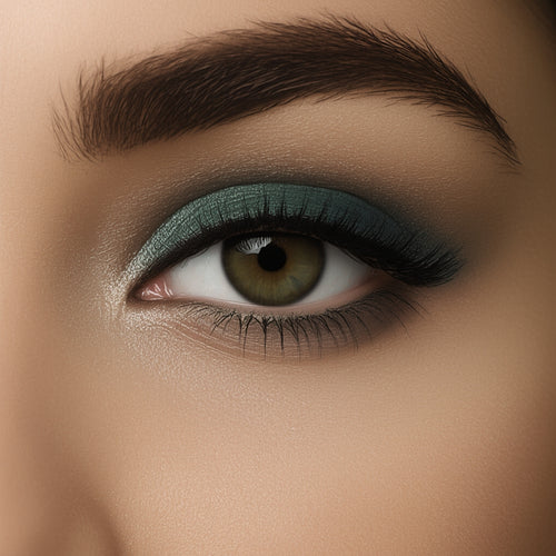 Close-up of a woman's eye with green eyeshadow and brown eyebrow.