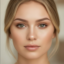 Close-up of a person with blonde hair and green eyes against a neutral background