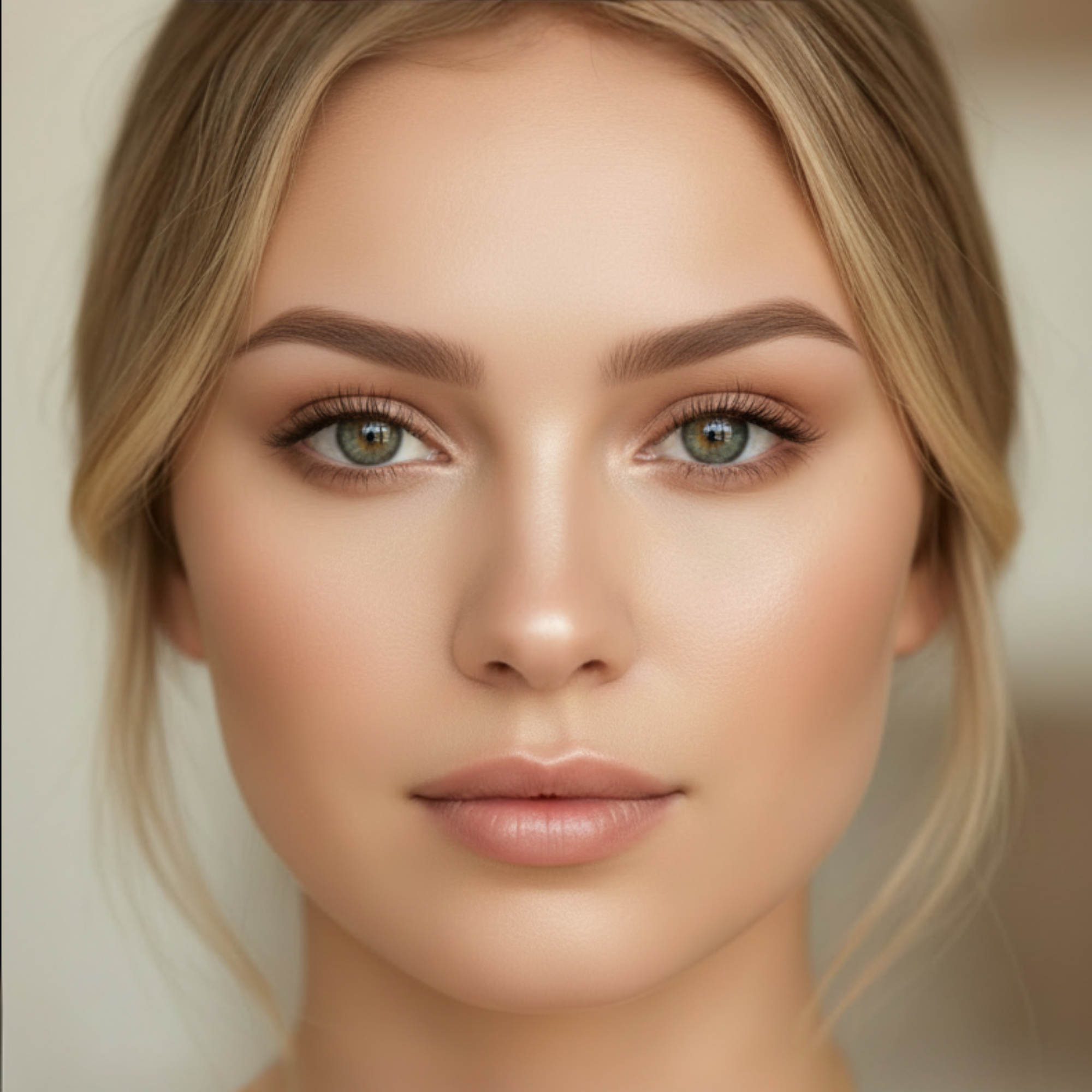 Close-up of a person with blonde hair and green eyes against a neutral background