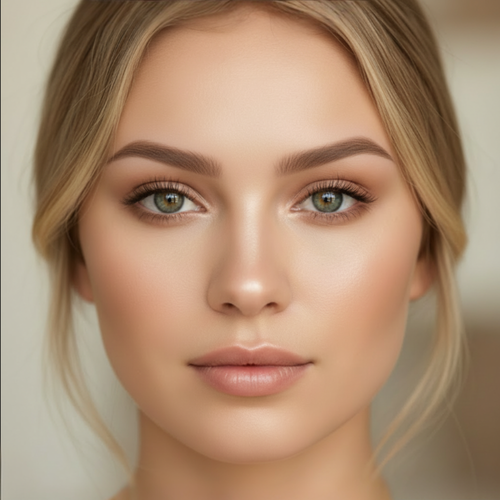 Close-up of a person with blonde hair and green eyes against a neutral background