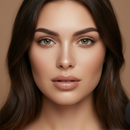 Close-up of a woman with long brown hair and green eyes on a beige background