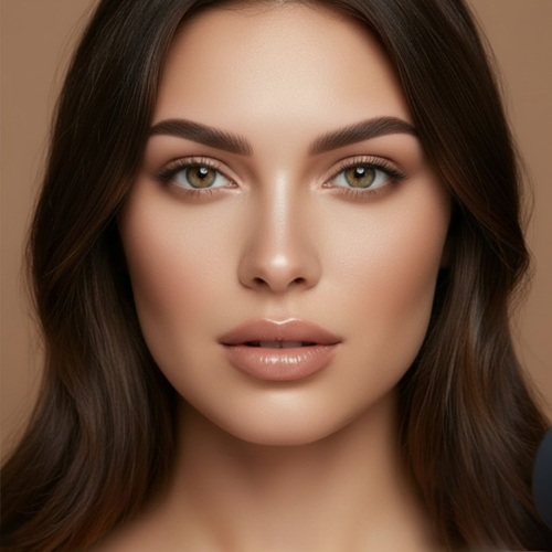 Close-up of a woman with long brown hair and green eyes on a beige background