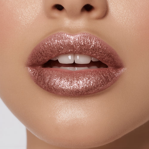 Close-up of a woman's lips with glittery pink lipstick on a neutral background
