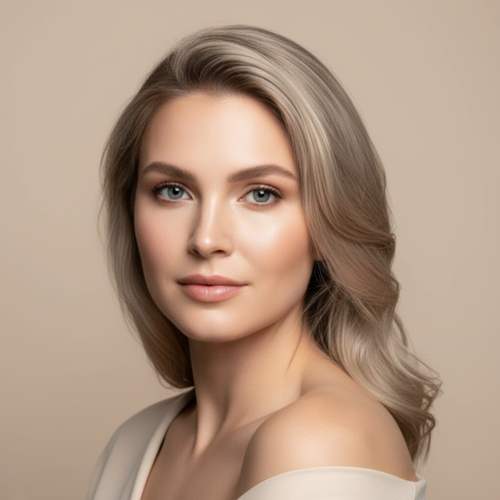 Woman with styled hair against a beige background