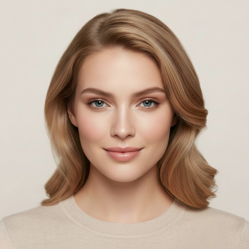 Woman with styled blonde hair against a plain background