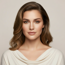 Woman with styled hair wearing a white top against a neutral background