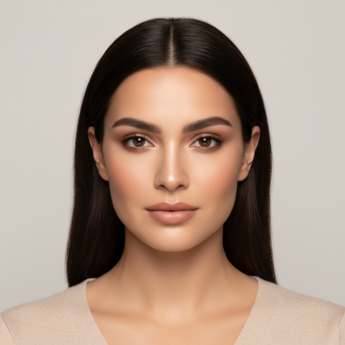 Woman with long dark hair and a neutral background