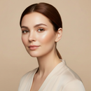 Woman with a neutral expression against a beige background