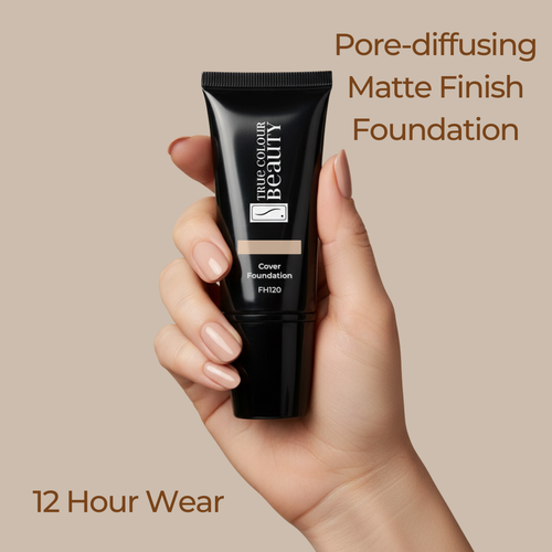 Hand holding a black foundation tube with text about pore-diffusing matte finish and 12-hour wear on a beige background.
