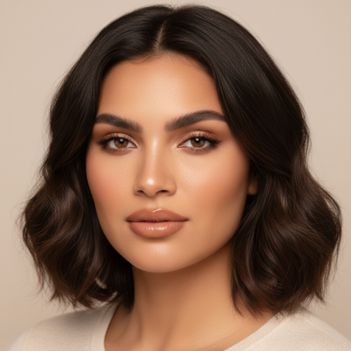Woman with styled hair against a beige background