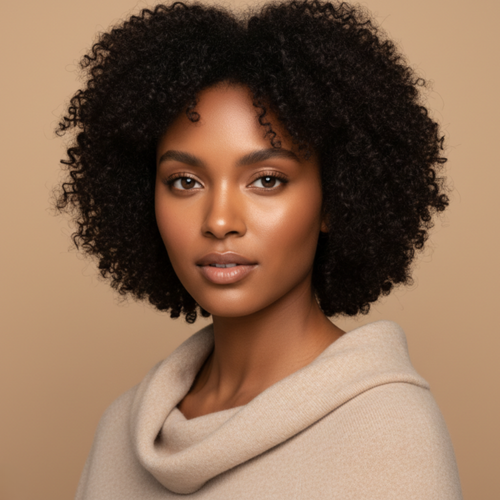 Woman with curly hair wearing a beige sweater against a beige background