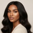 Woman with long, wavy black hair against a beige background