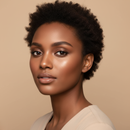 Woman with short, curly hair against a beige background