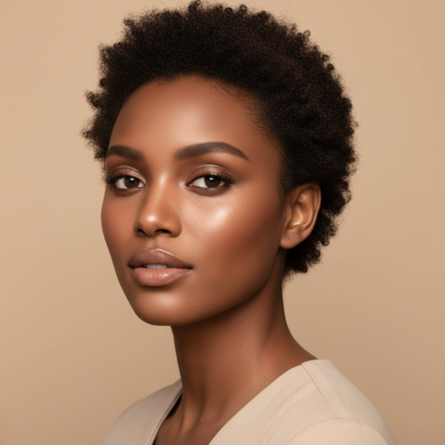 Woman with short, curly hair against a beige background