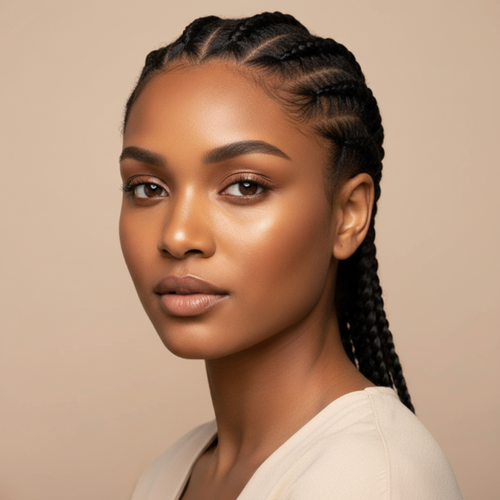 Woman with braided hair against a beige background