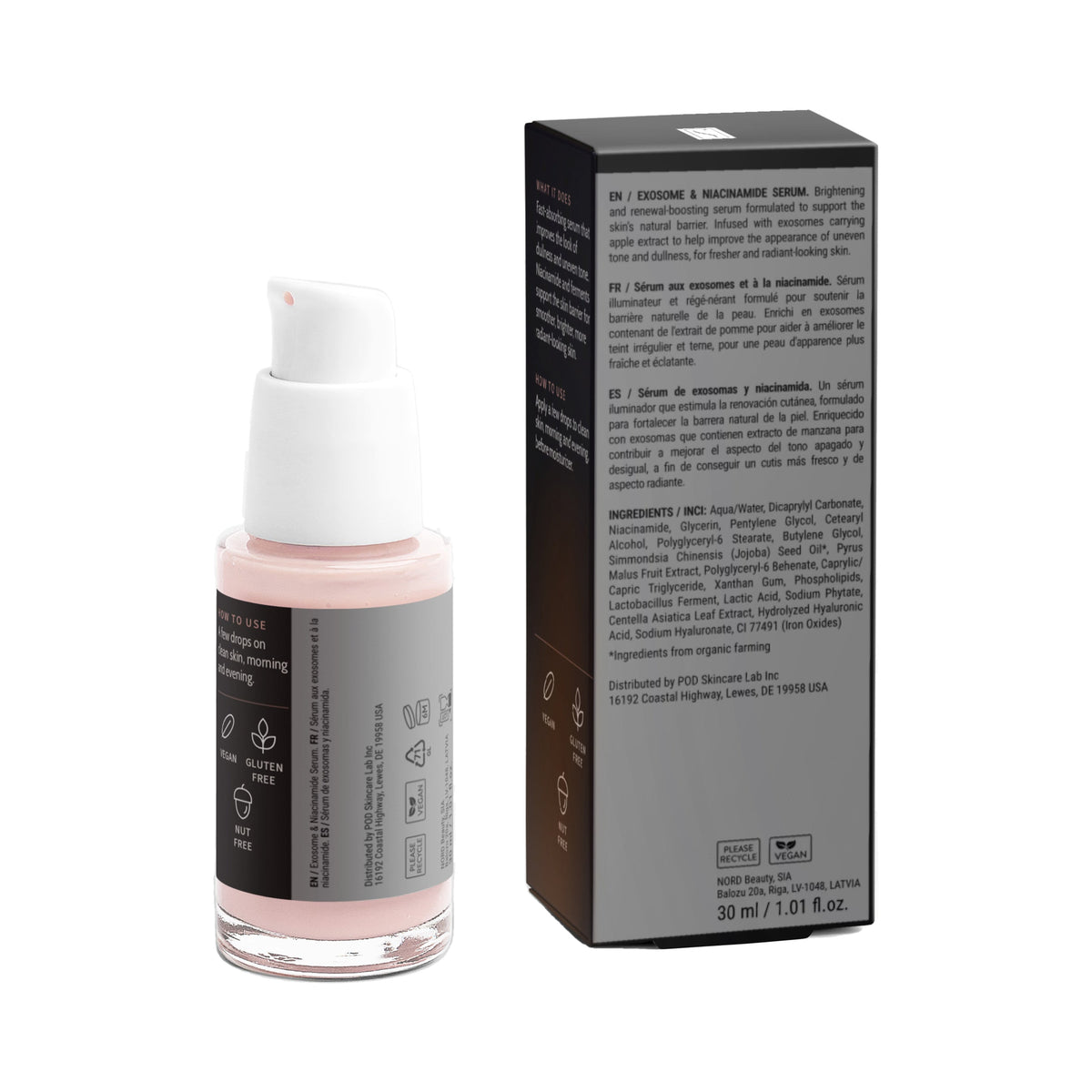 Exosome & Niacinamide Serum, bottle and box, back view with ingredients and directions