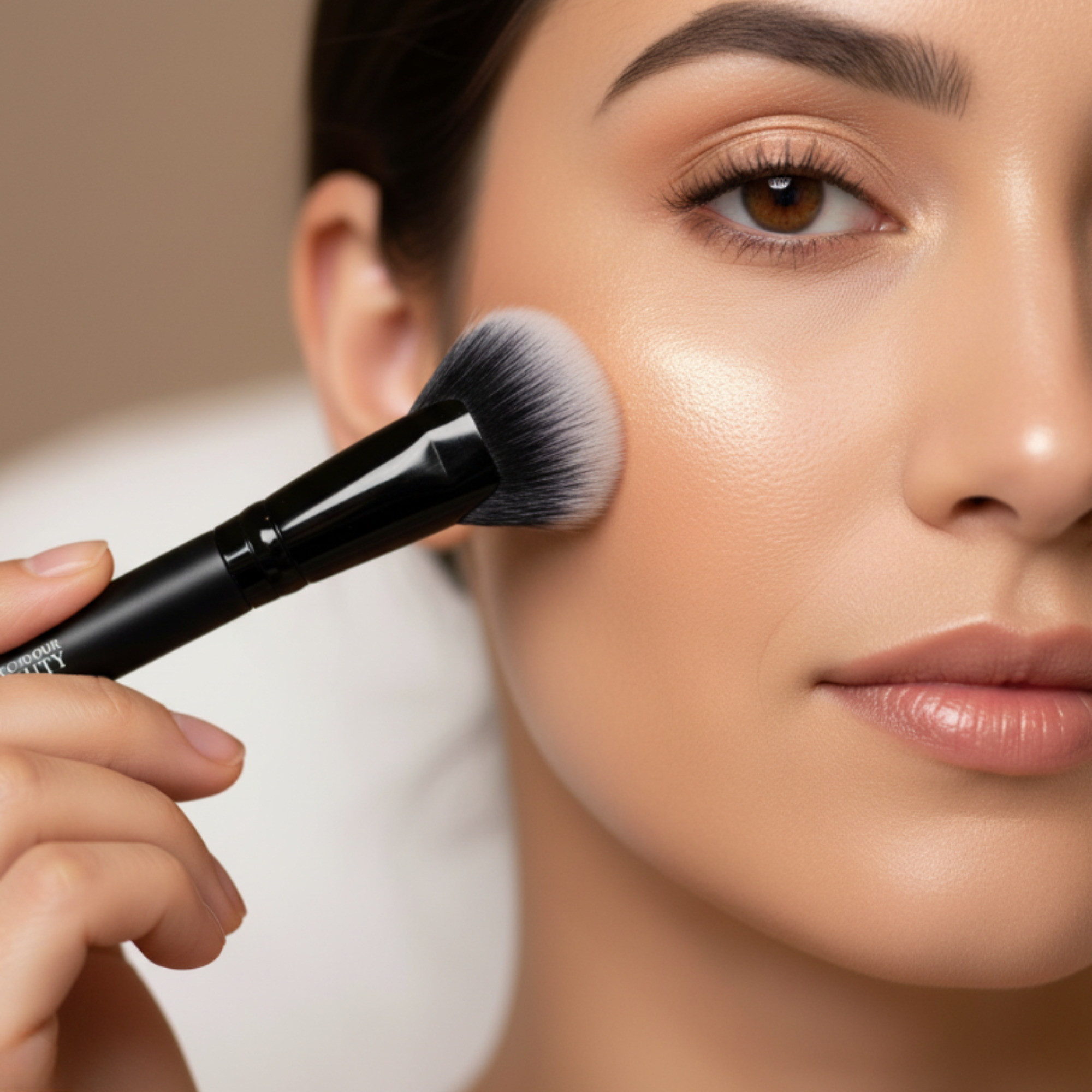 Person applying makeup with a brush on a neutral background