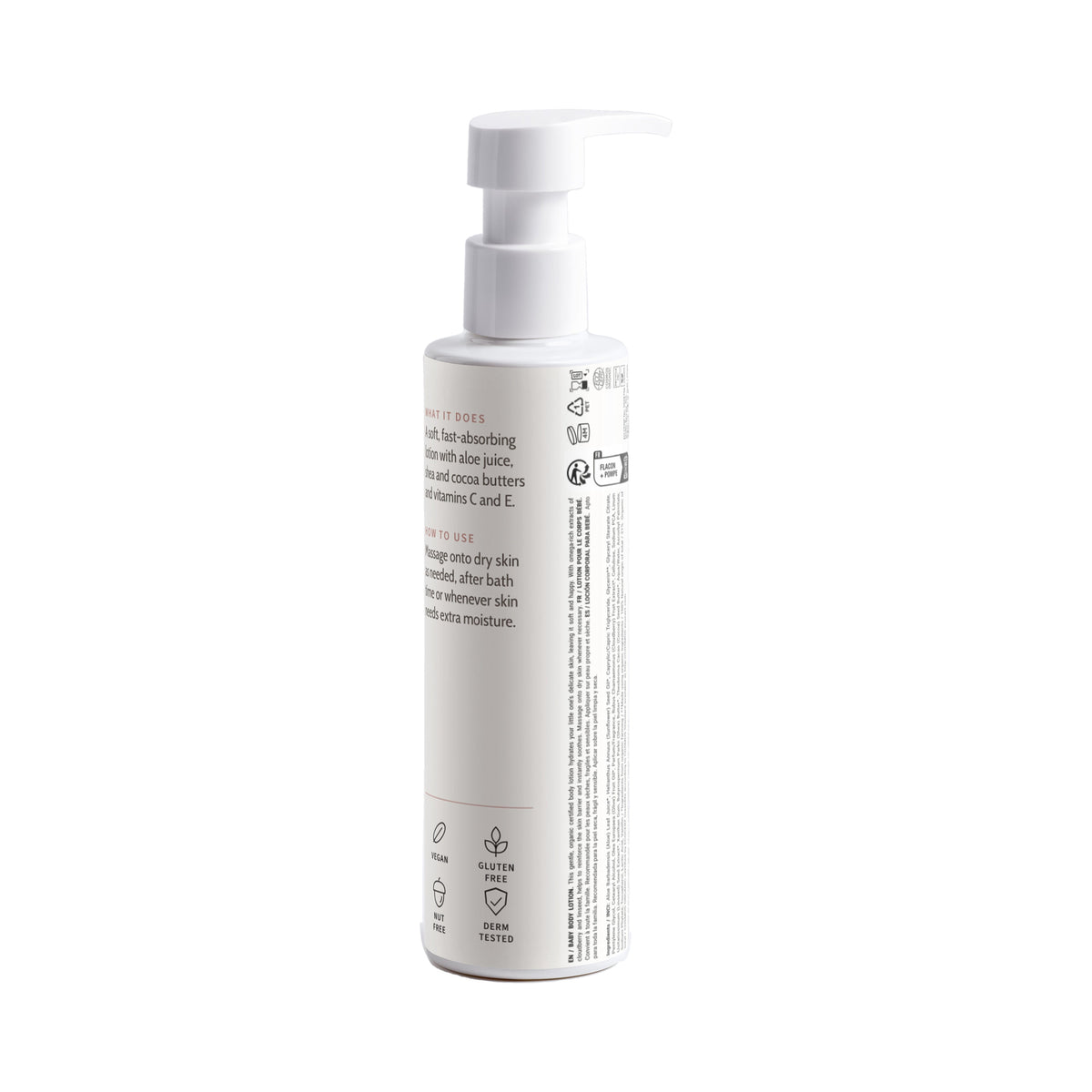 Soft Start Baby Body Lotion bottle, back label with ingredients and directions