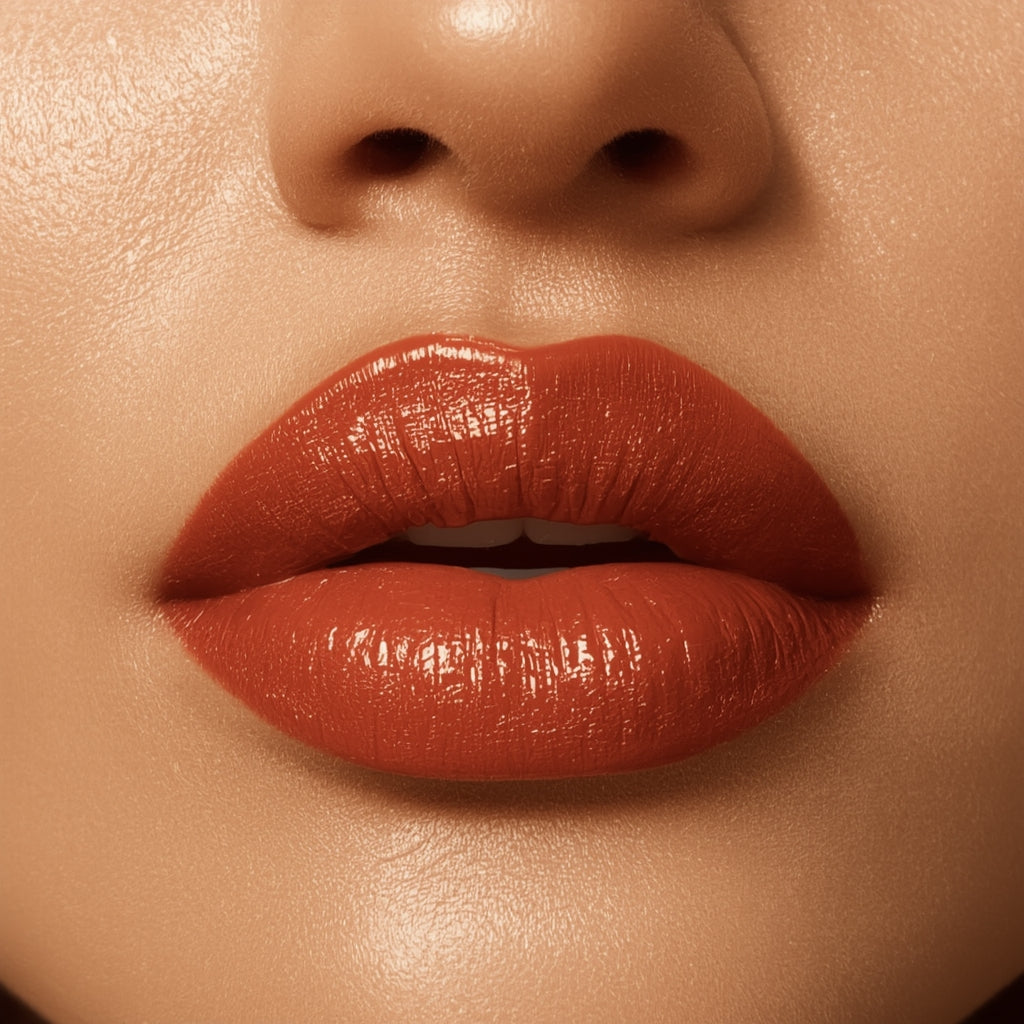 Close-up of a person's lips with a glossy red lipstick on a neutral background