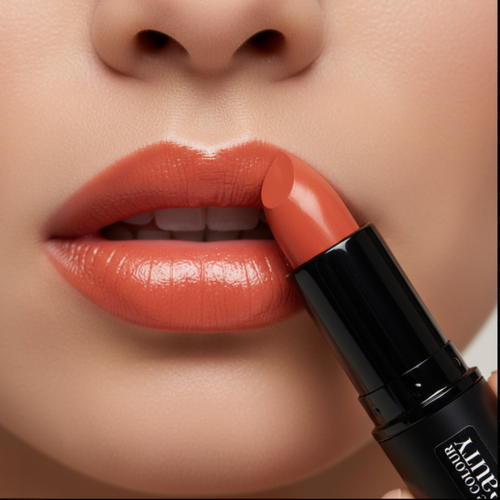 Close-up of a person applying a coral lipstick to their lips with a black lipstick tube.