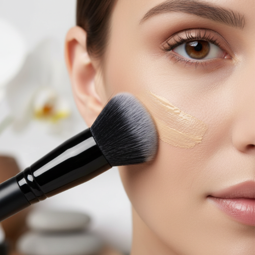 Makeup brush applying cream to a person's face with a blurred background